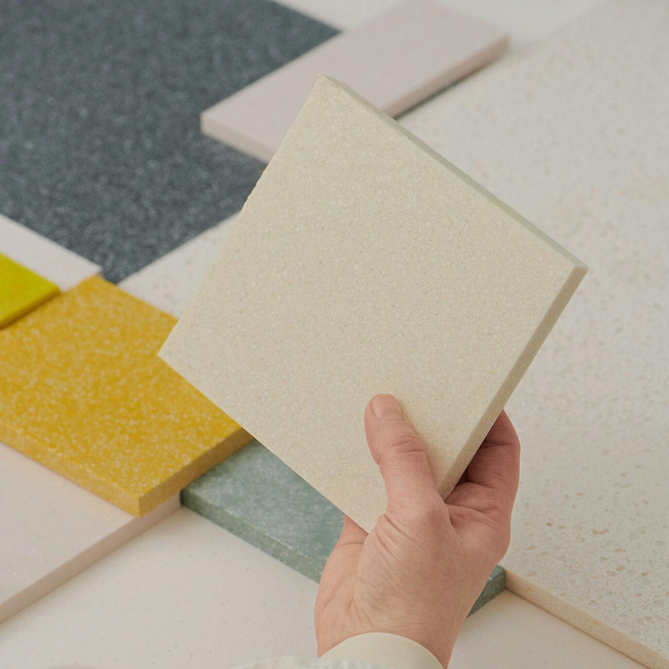 Durat Plus samples moodboard - first to market circular solid surface with 80% content.